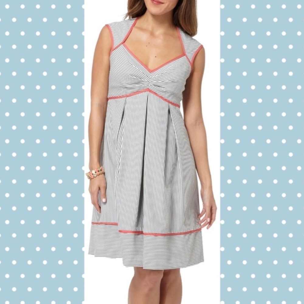 London Times Black and White Striped Midi Dress with Red Trim